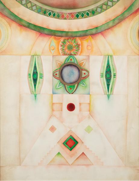 Urszula Broll, Om Muni Muni Maha Muni Skakya Munaye Soha, akwarela, papier 64,5 x 48 cm, 1984 r.