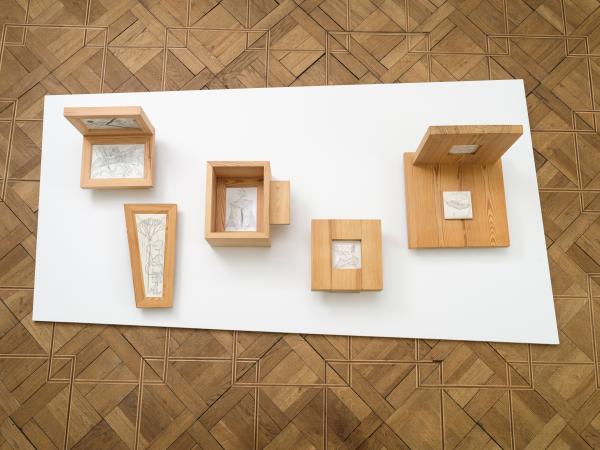 Katya Shadkovska - Obiekty do pokazywania rysunków, 2011 - ołówek na papierze, drewno sosnowe - kompozycja