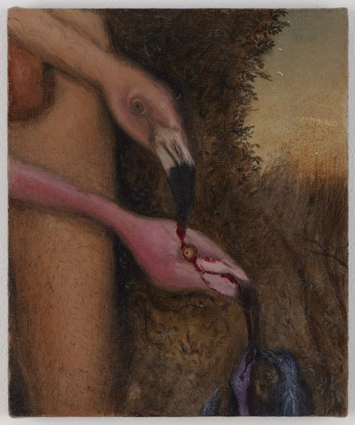 Agata Słowak, I'll Feed the Little Flamingos Myself, 2025, oil on canvas, 33 x 27 cm, photo Marek Gardulski