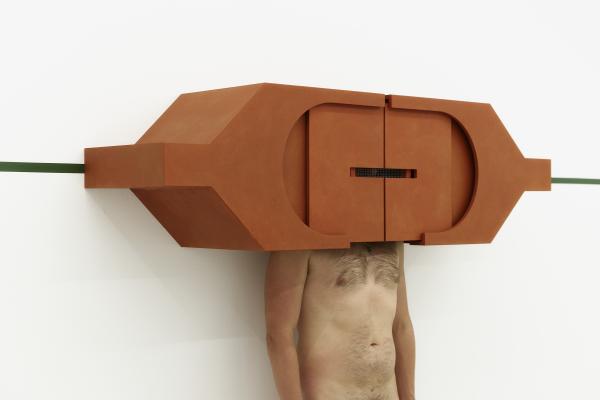 Amber Chamberette, 2026, fired retardant Medite, dye, terracotta, hinges, 153 × 44 × 38 cm